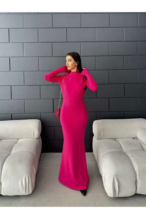 Women's Zero Collar Shoulder and Waist Pleated Slit Long Dress Fuchsia