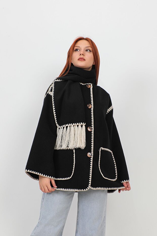 Jachetă de damă neagră cu eșarfă brodată Stamp - 1