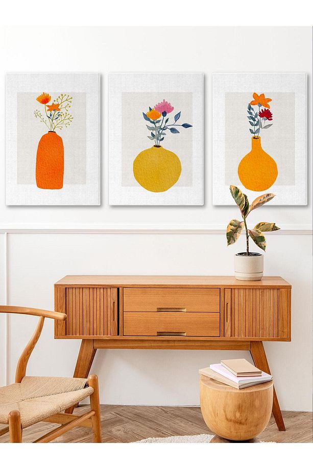Bohem Kır Çiçekleri Kanvas Duvar Tablosu 3'lü Tablo Seti 40x55cm Minimal Floral Canvas - 1