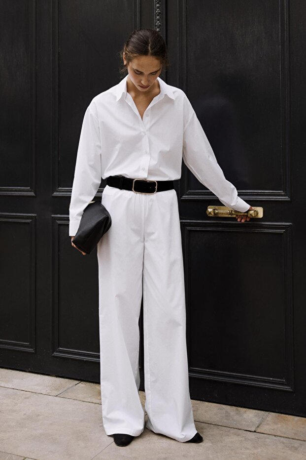 Beyaz Basic Poplin Pantolon - 1