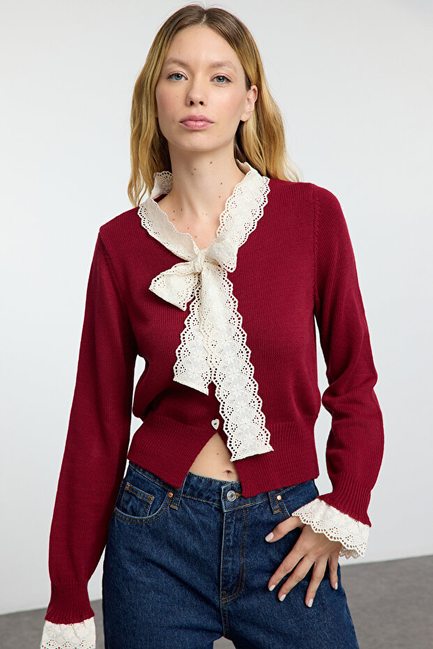 Bordo Crop Dantel Garnili Renk Bloklu Triko Hırka TWOAW25HI00251 - 1