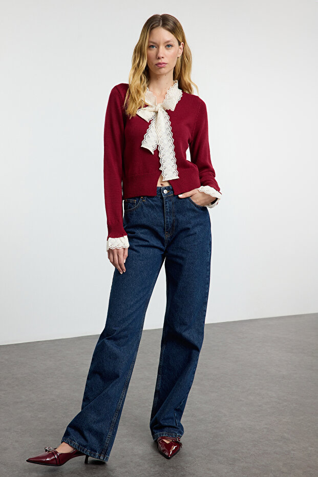 Bordo Crop Dantel Garnili Renk Bloklu Triko Hırka TWOAW25HI00251 - 2