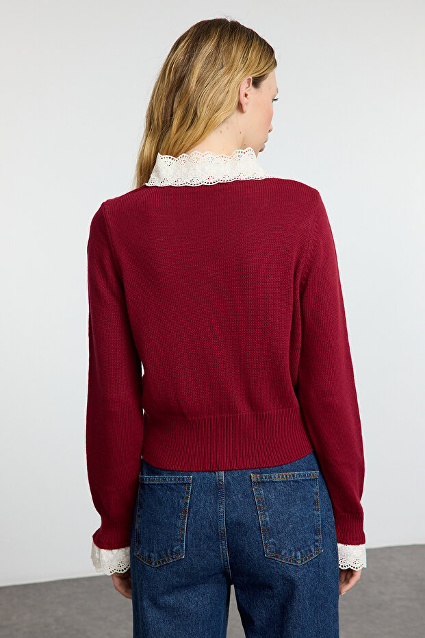 Bordo Crop Dantel Garnili Renk Bloklu Triko Hırka TWOAW25HI00251 - 5