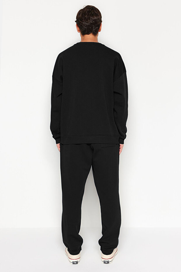 Siyah Regular Kesim Yazı Baskılı Sıcak Tutan Sweatshirt Eşofman Takım TMNAW24EM00004 - 7