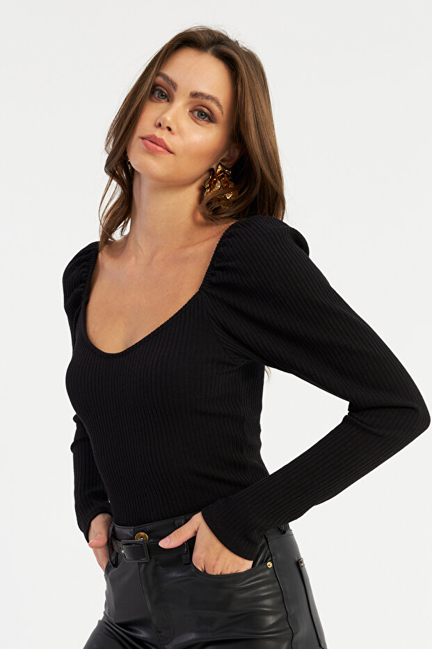 Women's Black Balloon Sleeve Blouse Rk42