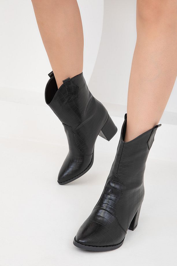 Siyah Kroko Kadın Bot & Bootie 15615 - 3