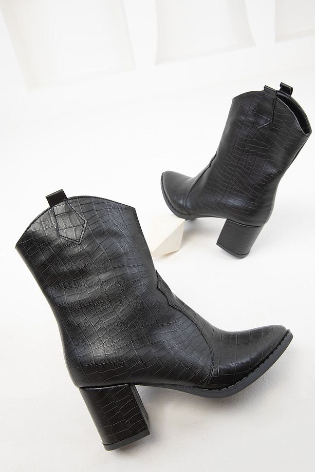 Siyah Kroko Kadın Bot & Bootie 15615 - 4
