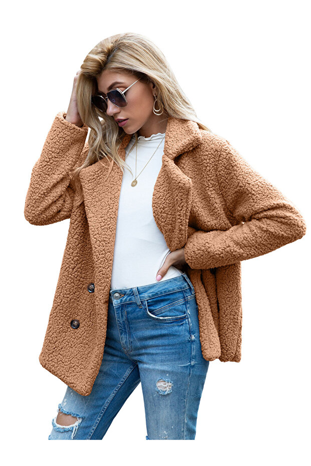 Palton de pluș cu nasturi căptușit - 4