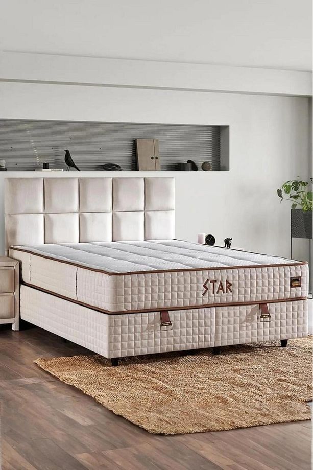 Star Yatak Seti 140x200 cm Çift Kişilik Yaylı Sert Ortopedik Yatak Krem Keten Lüks Baza Başlık Takım - 1