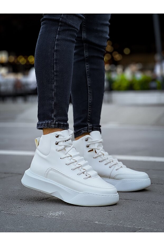 BA0321 Gizli Bağcıklı Erkek Yüksek Taban Beyaz Spor Bot - 4