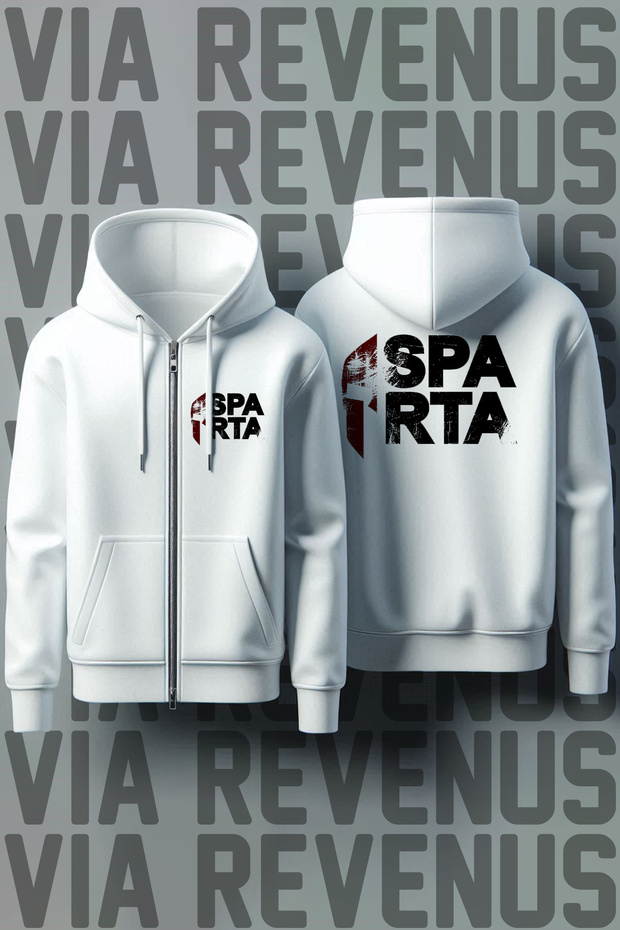 Sparta Front and Back Printed Unisex Zippered Hooded White Sweatshirt Cardigan