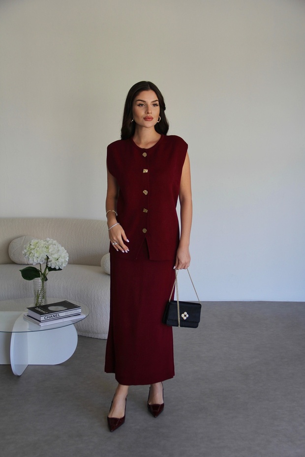 Burgundy Metal Gold Buttoned Vest and Elastic Waist Maxi Long Skirt Bottom Top Knitwear Set