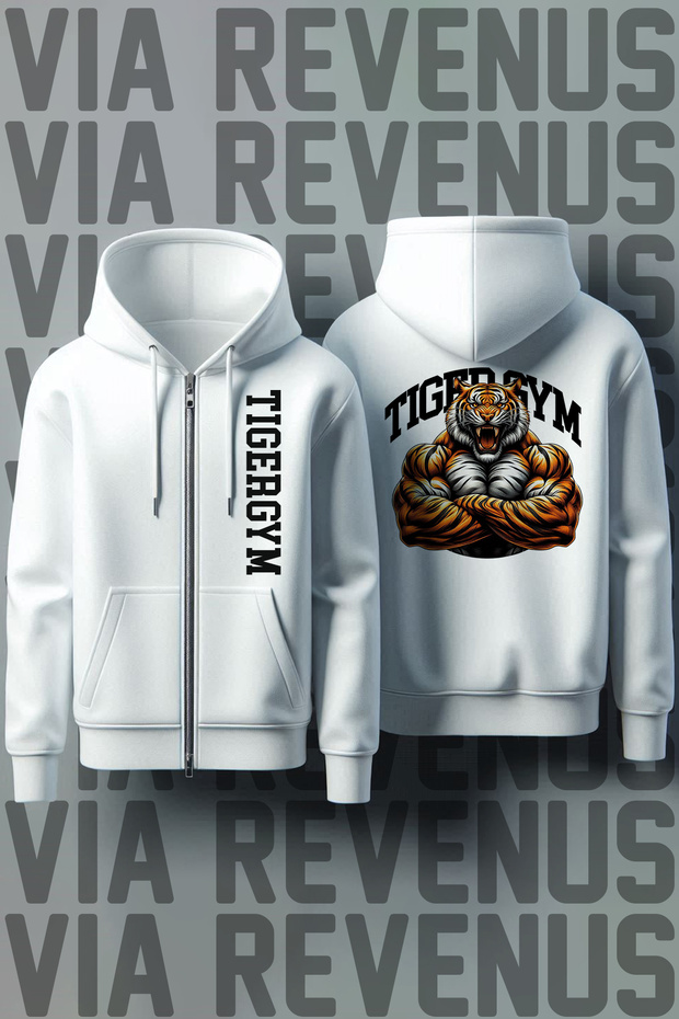 Tiger Gym Front and Back Printed Unisex Zippered Hooded White Sweatshirt Cardigan
