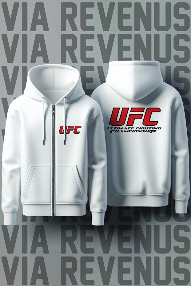 سترة رياضية بيضاء بسحاب للجنسين مطبوعة من الأمام والخلف من UFC