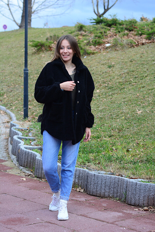 Women's Black Buttoned Front Plush Coat