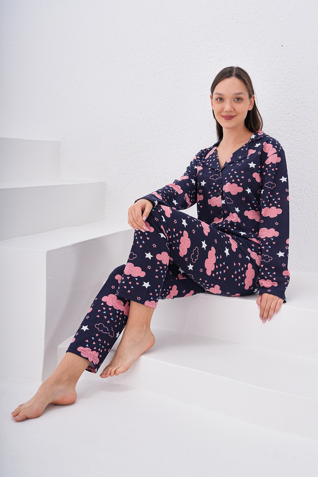 Women's Cotton Button Cloud Printed Pajama Set