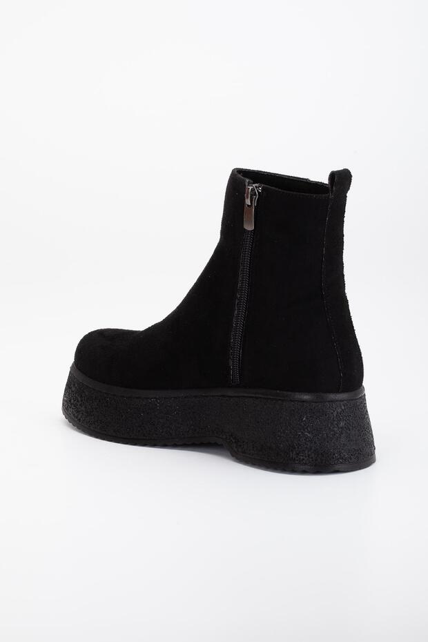 Fekete velúr női csizma - vastag talp és fűző nélküli arc - 5