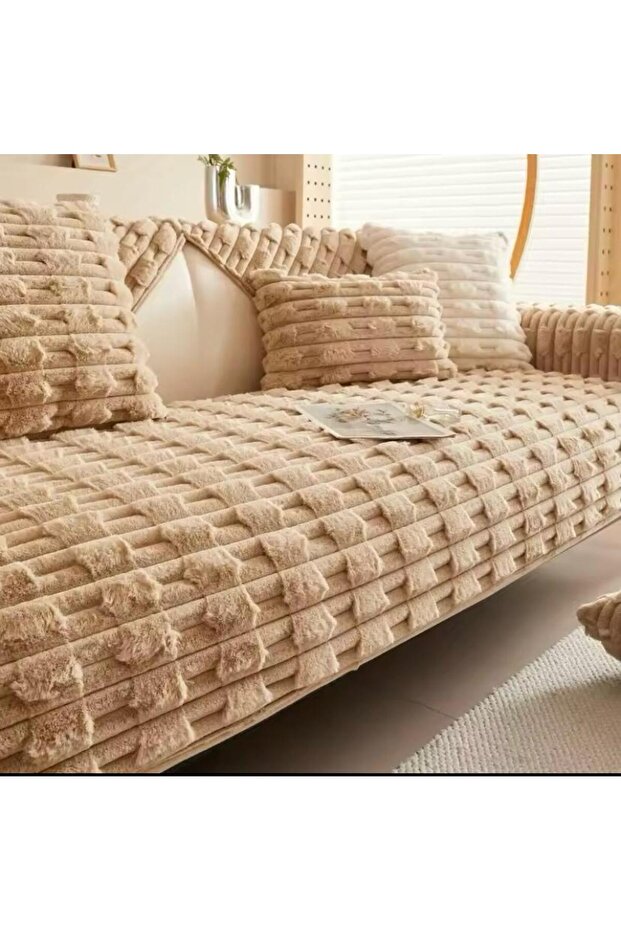Thick Rectangular Patterned Embossed Plush for Three Seater Sofa (1 Piece) 80*190cm Size (Beige)