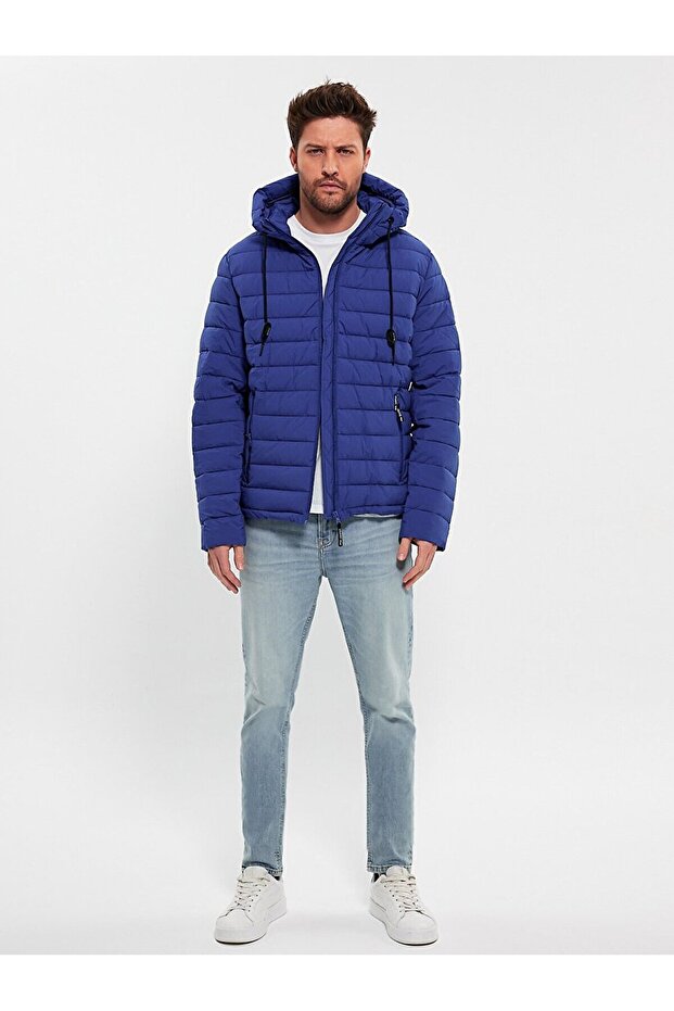 Kapüşonlu Şişme Lacivert Ceket - 1