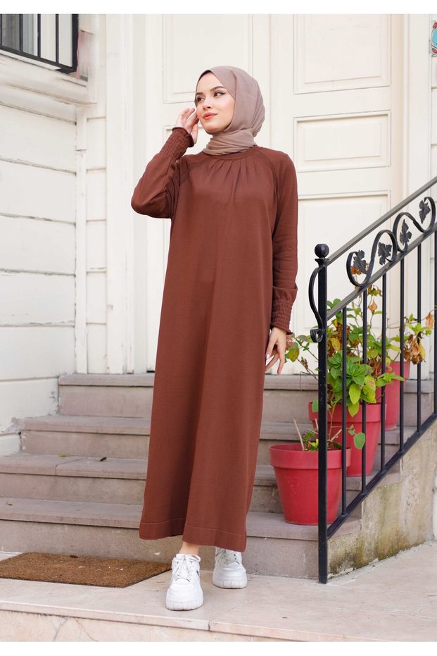Women's Mercerized Pleated Gipe Detailed Knitwear Dress