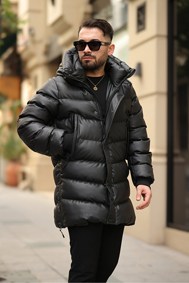 معطف جلدي شتوي مملوء بغطاء للرأس - 3