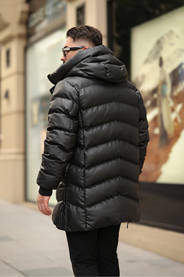 معطف جلدي شتوي مملوء بغطاء للرأس - 4