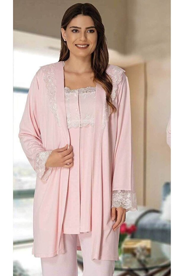 Pregnant Maternity Long Sleeve Pajama Set with Dressing Gown