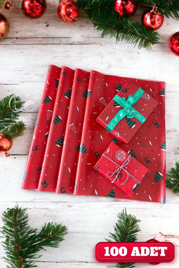 Christmas Pine Deer Patterned Pelur Paper, Red New Year Gift Package, Pelur Paper, New Year Packages