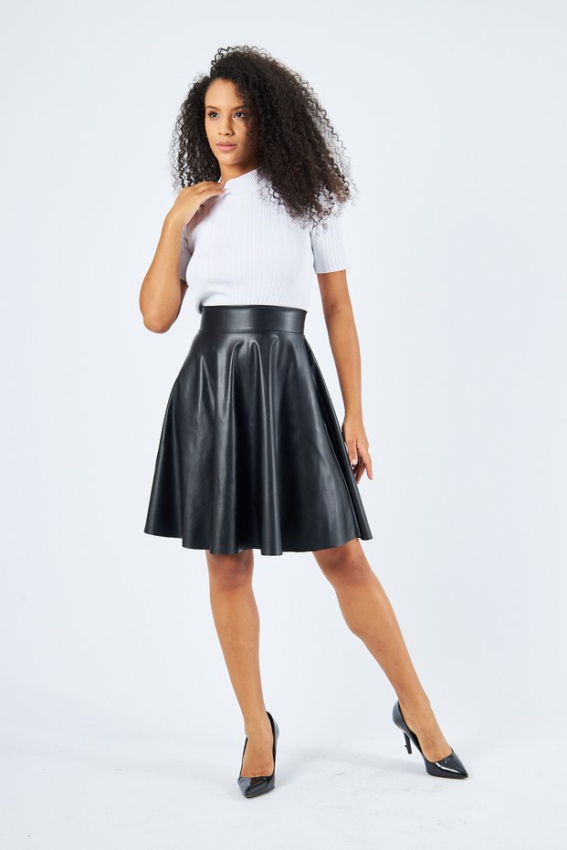 Women's Black Flared Knee-Length Faux Leather Skirt