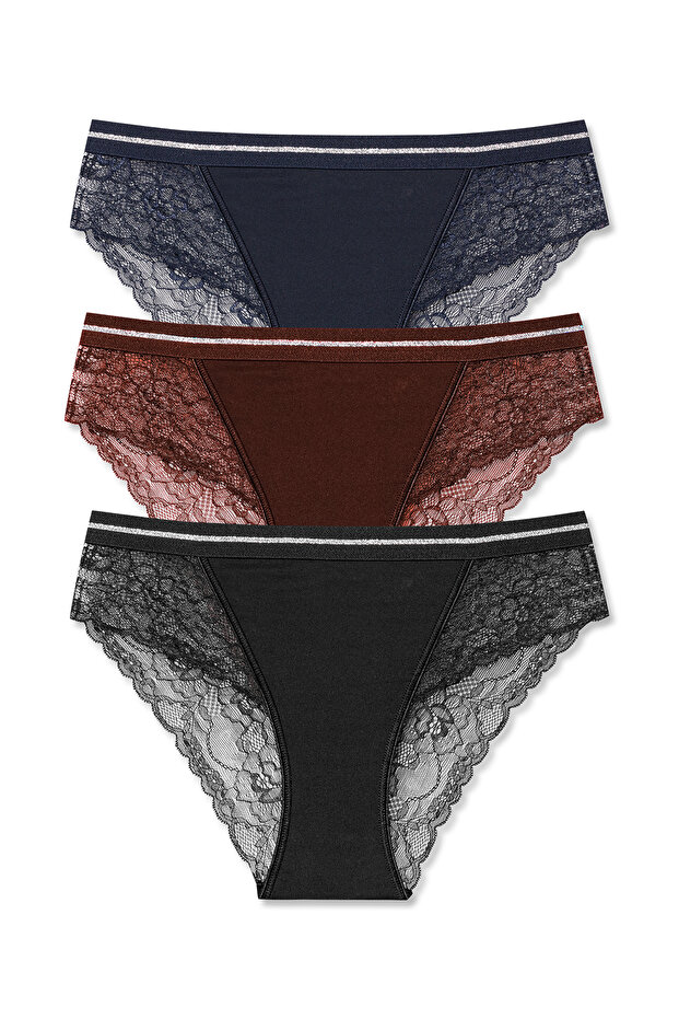 3-Piece Interlock Lace Detailed Glittery Elastic Waist Slip Women's Panties