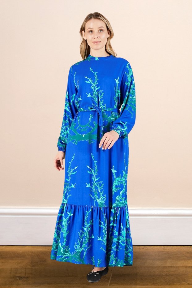 Women's High Collar Large Size Dress with Hijab Viscose Fabric Pleated and Pleated Dress