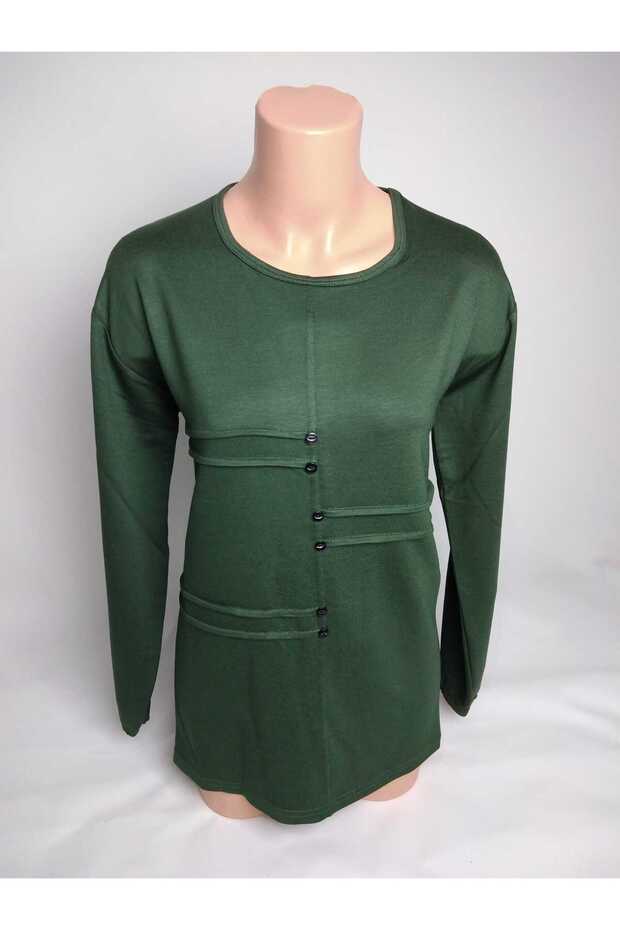 Women's Green Crew Neck Buttoned Slit Long Sleeve Ankle Elastic Two Thread Blouse T-Shirt