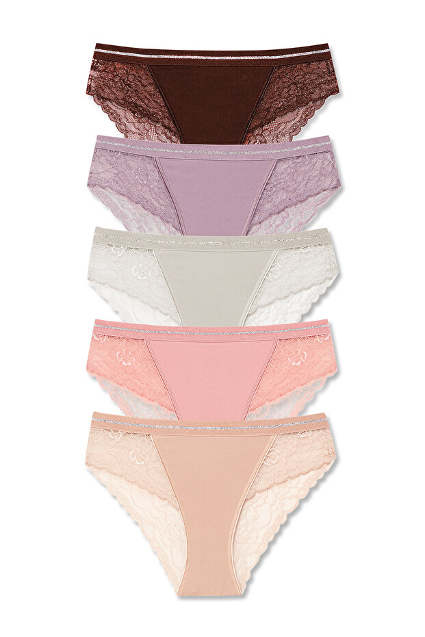5-Piece Interlock Lace Detailed Glittery Elastic Waist Slip Women's Panties