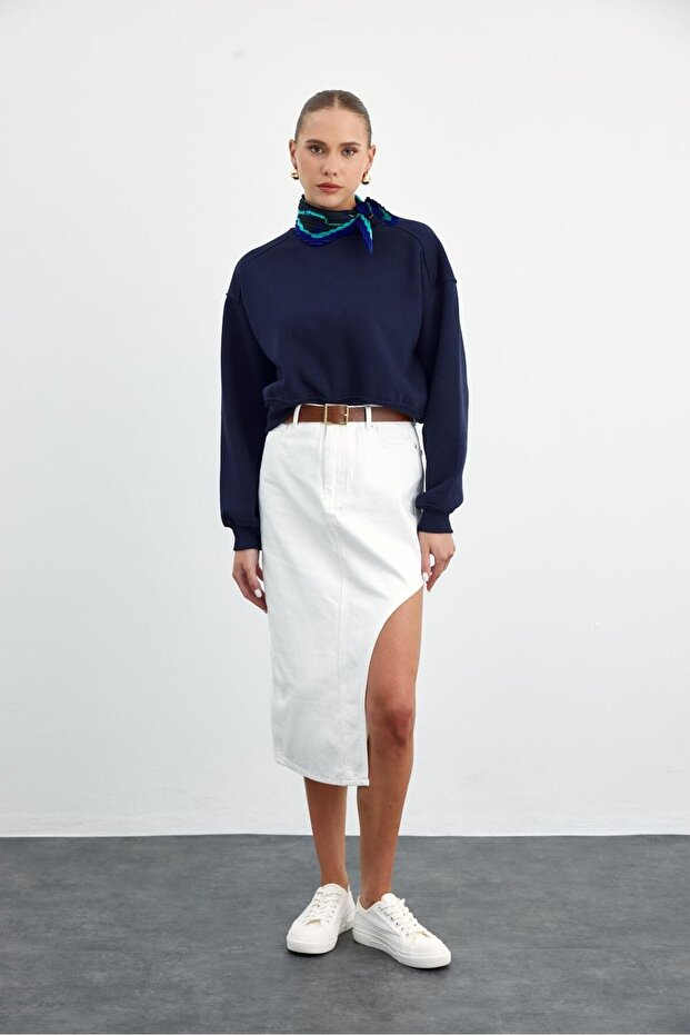 Asymmetrical Slit Detailed Ecru Midi Denim Skirt