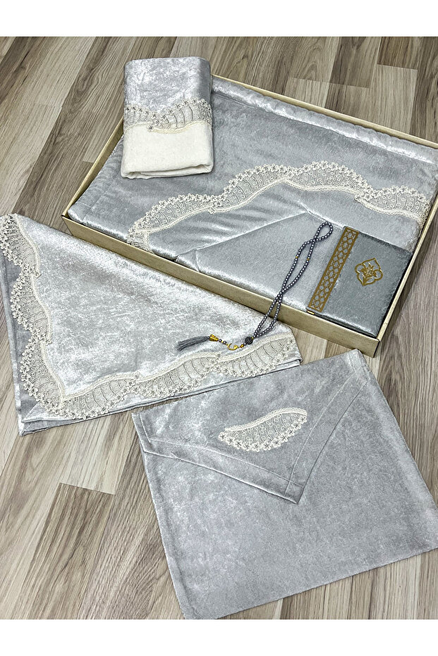 6 Piece Velvet French Laced Dowry Package Boxed Prayer Rug Set Bride Groom Set