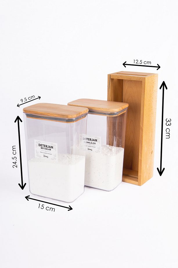 2 ' Li Ahşap Standlı Ahşap Vakumlu Kapaklı Deterjan Kutusu Kavanozu 3000 ml Renkliler Beyazlar Mika - 3