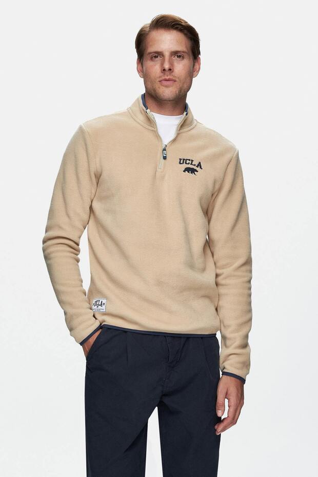Corning Dark Beige Half-Zip Embroidered Fleece Stand Collar Standard Fit Men's Sweatshirt