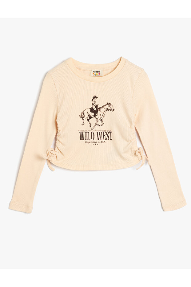 Long Sleeve T-Shirt Side Drawstring Tie Print Detail Crew Neck Ribbed