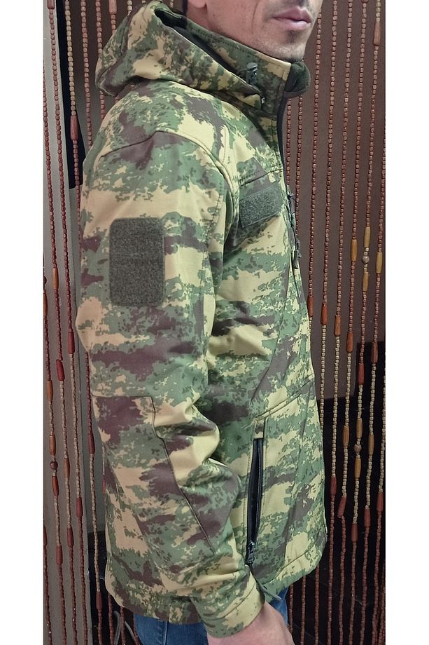 Kamuflaj Softshell Çok Cepli Kapişonlu İç Polarlı  TAktikal Mont - 2