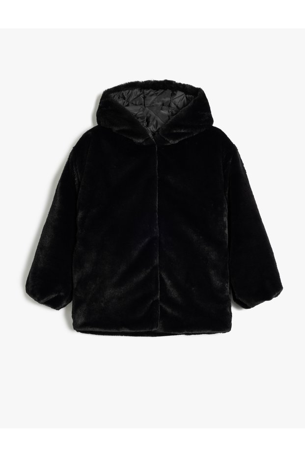 Hooded Plush Coat with Pocket Detail and Snap Closure