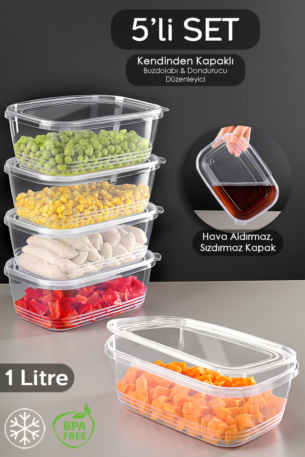 1Lt Airtight Organizer - 5 Pieces of Storage Container with Leak-Proof Lid, Suitable for Deep Freezer - 1