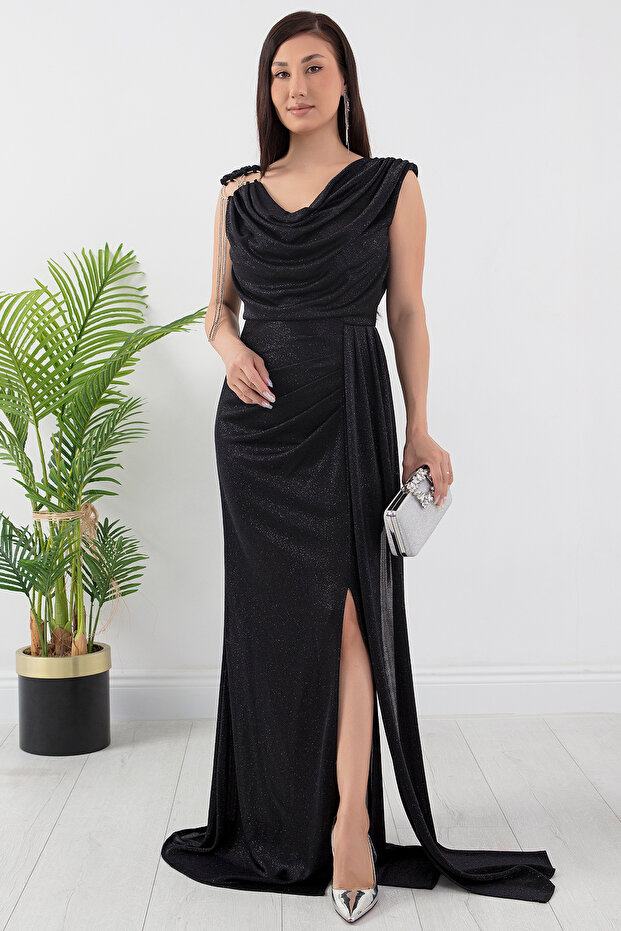 Omuz Aksesuarlı Simli Degaje Yaka Elbise 39878 - 1