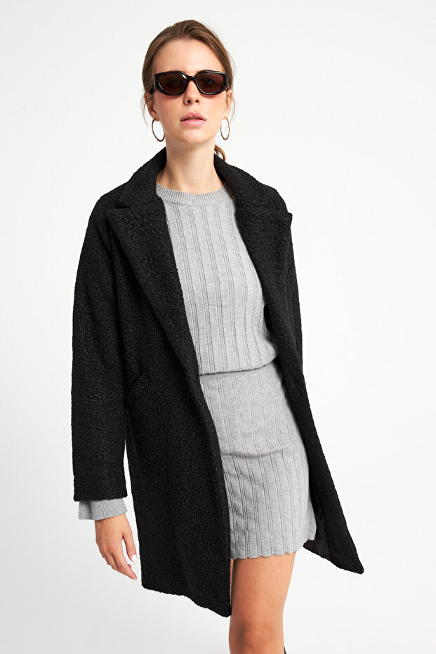 Kadın Siyah Oversize Buklet Kaban - 4