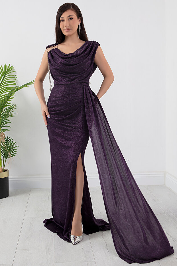 Omuz Aksesuarlı Simli Degaje Yaka Elbise 39878 - 6