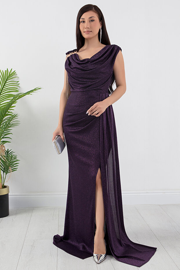 Omuz Aksesuarlı Simli Degaje Yaka Elbise 39878 - 1