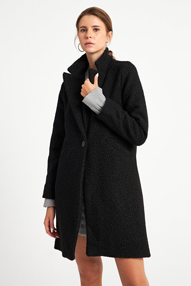 Kadın Siyah Oversize Buklet Kaban - 9