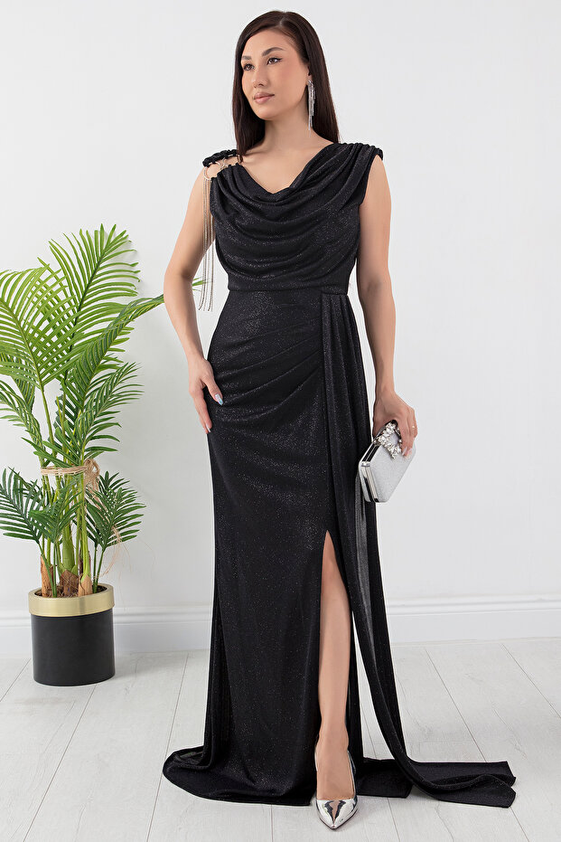 Omuz Aksesuarlı Simli Degaje Yaka Elbise 39878 - 3