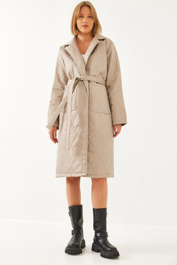 Women's Stone Double Pocket Belted Quilted Coat 1065 60351015