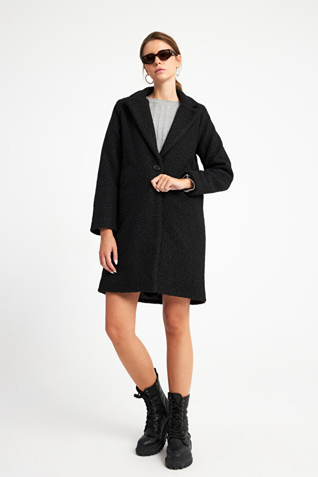 Kadın Siyah Oversize Buklet Kaban - 3