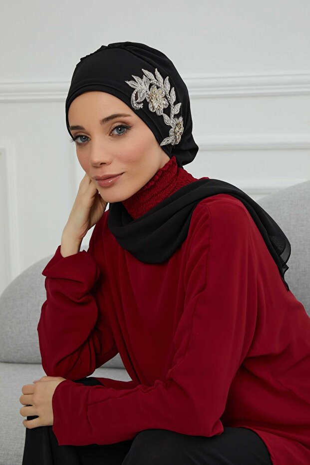 Chiffon Ready-Made Turban with Side Stone Flower Accessory,Ht-104,Ht-104,Black